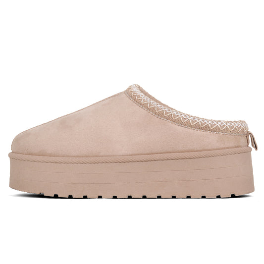 Amj Fashions Ladies Women Beige Platform High Sole Faux Suede And Fur Lined Mule Slippers Size UK 3-8