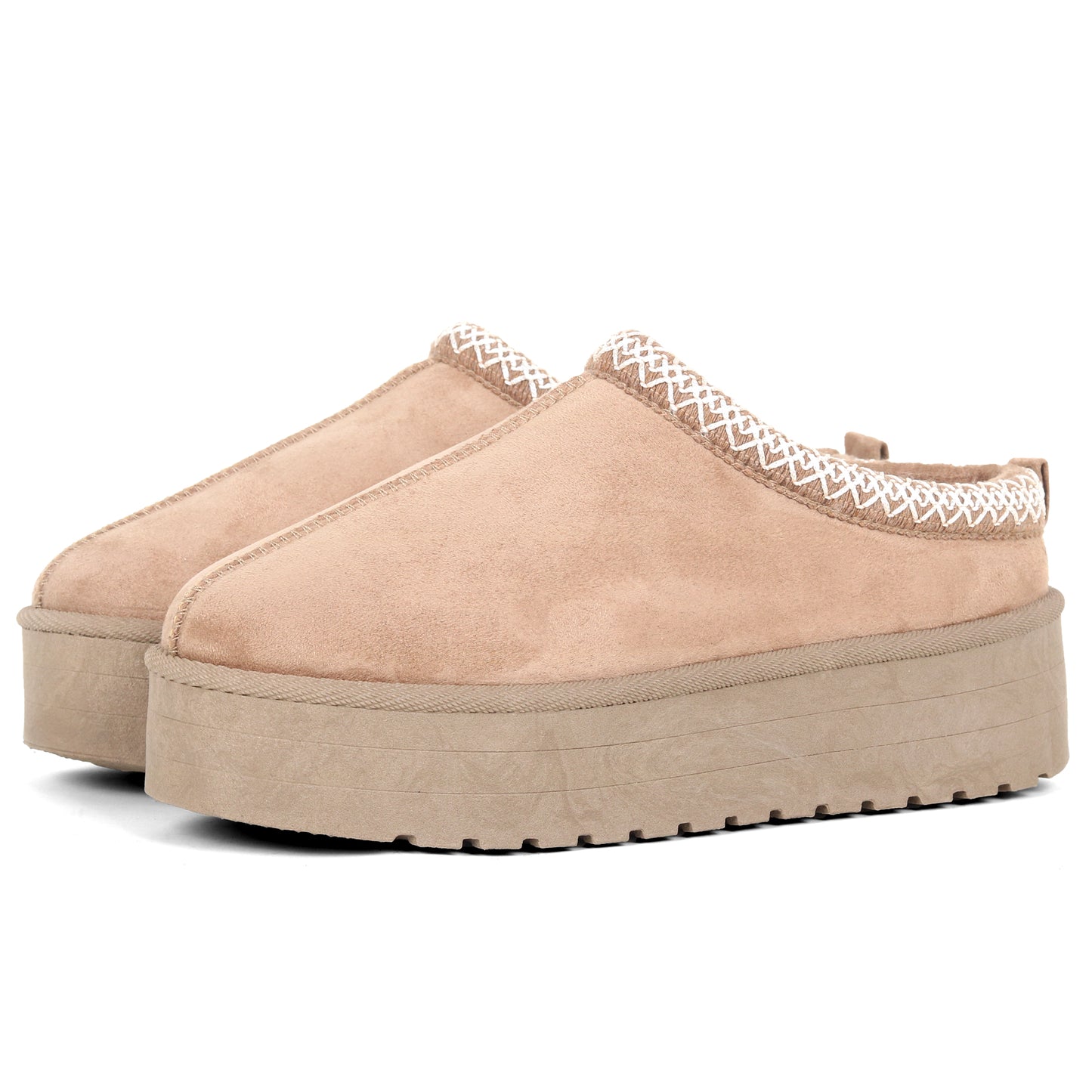 Amj Fashions Ladies Women Khaki Platform High Sole Faux Suede And Fur Lined Mule Slippers Size UK 3-8