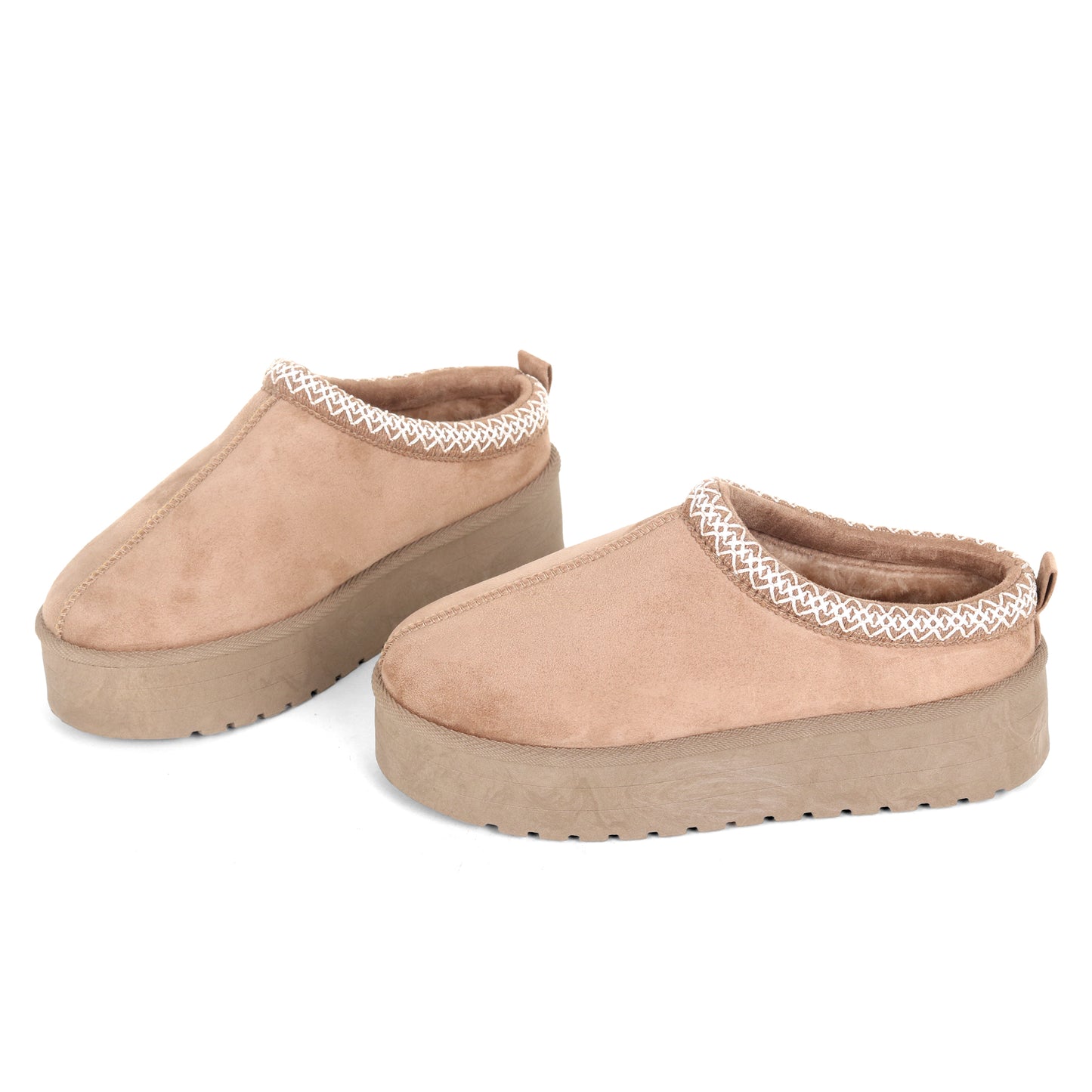 Amj Fashions Ladies Women Khaki Platform High Sole Faux Suede And Fur Lined Mule Slippers Size UK 3-8