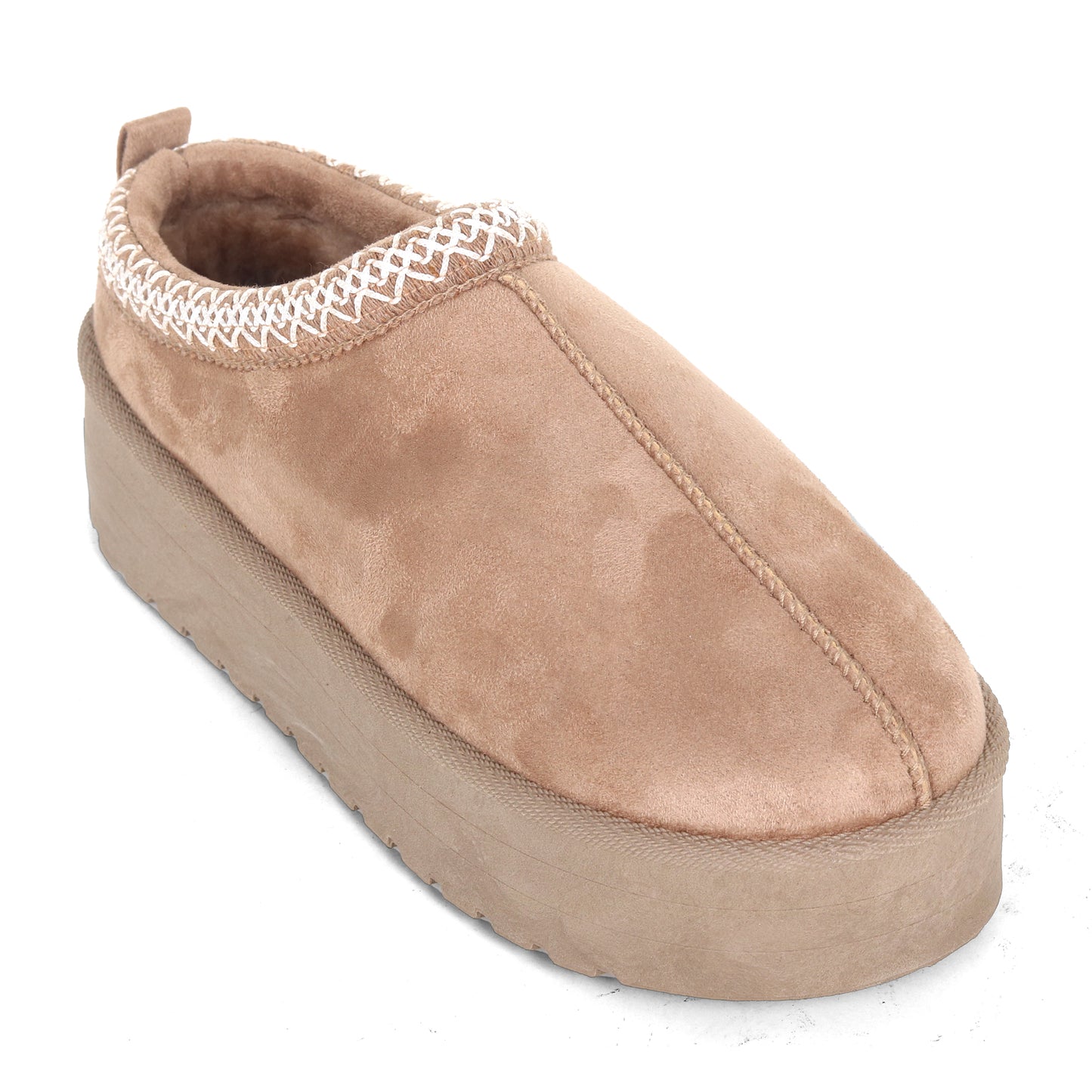 Amj Fashions Ladies Women Khaki Platform High Sole Faux Suede And Fur Lined Mule Slippers Size UK 3-8